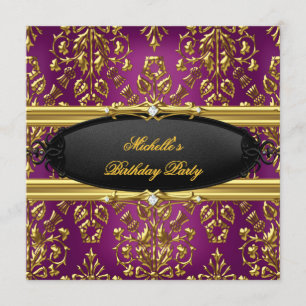 Invitation Damask Plum Anniversaire Party Gold Black Diamond