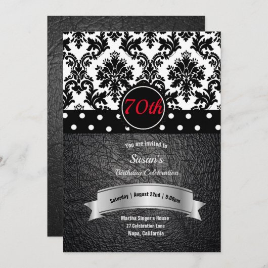 Invitation Damask & Pois 70e fête d'anniversaire (Devant / Derrière)