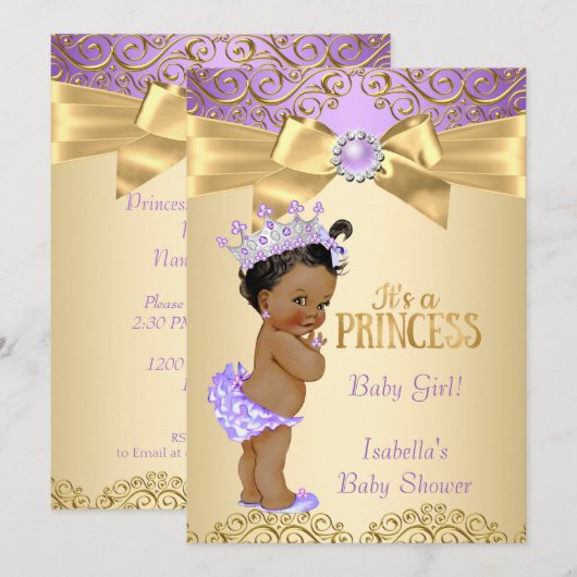 Invitation Damask Princesse Bébé Fille de Naissance Ethnique (Devant / Derrière)