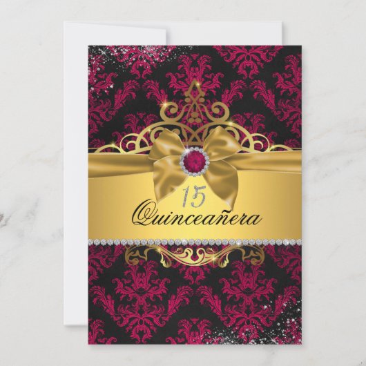 Invitation Damask Quinceanera Elegant Or Rose (Devant)