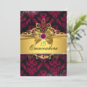 Invitation Damask Quinceanera Elegant Or Rose (Debout devant)