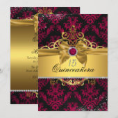 Invitation Damask Quinceanera Elegant Or Rose (Devant / Derrière)