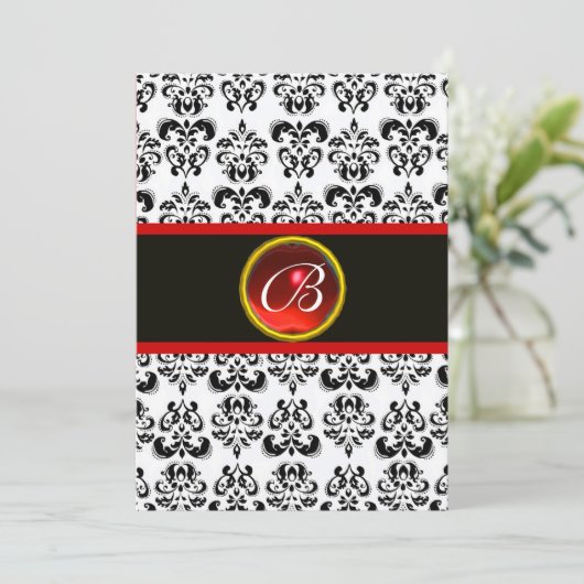 Invitation DAMASK RED RUBY MONOGRAMME, noir et blanc (Debout devant)