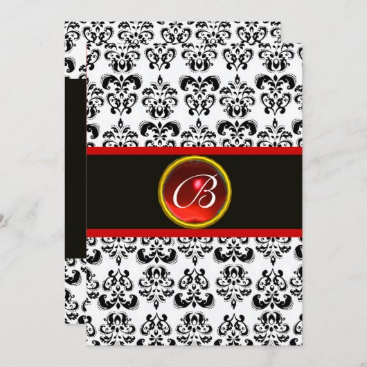 Invitation DAMASK RED RUBY MONOGRAMME, noir et blanc (Devant / Derrière)