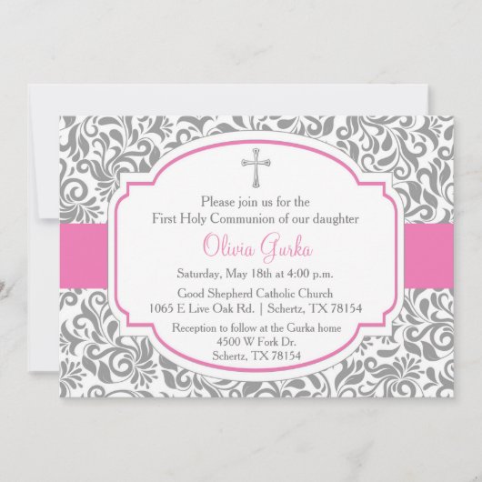Invitation Damask Rose Girls First Communion Card (Devant)