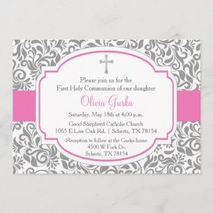 Invitation Damask Rose Girls First Communion Card