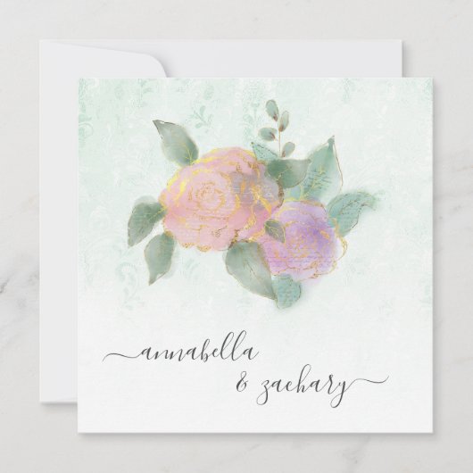 Invitation *~* Damask ROSE QR RSVP Paillettes - AR12 Mariage (Devant)