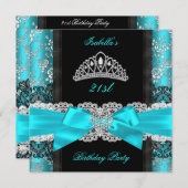 Invitation Damask Rose Turquoise noir blanc Tiara fête d'anni (Devant / Derrière)