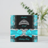 Invitation Damask Rose Turquoise noir blanc Tiara fête d'anni (Debout devant)