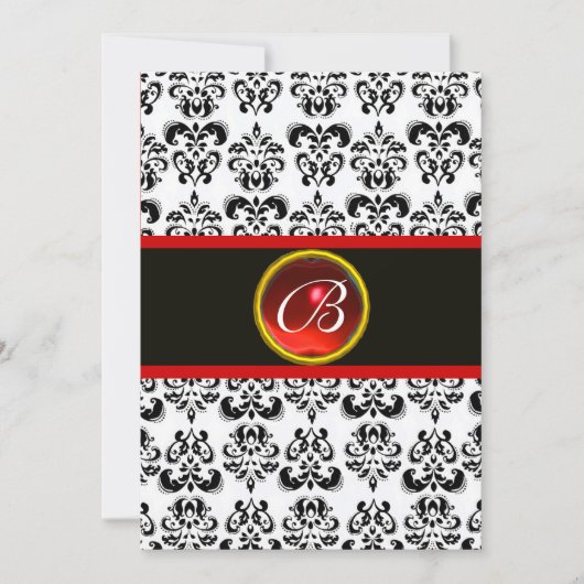 Invitation DAMASK ROUGE RUBY MONOGRAMME, noir et blanc (Devant)