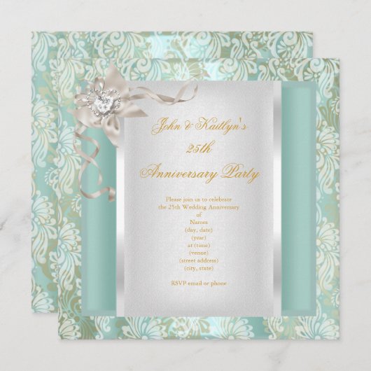 Invitation Damask sarcelle argent blanc 2ème anniversaire de  (Devant / Derrière)