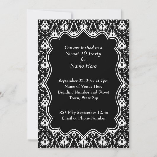 Invitation Damask Sweet 16 en noir et blanc. (Devant)