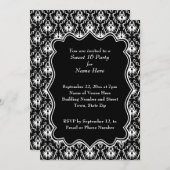 Invitation Damask Sweet 16 en noir et blanc. (Devant / Derrière)