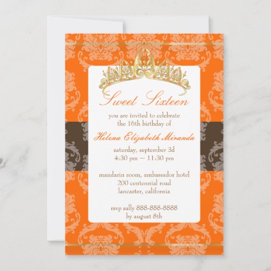 Invitation Damask Sweet 16/orange chocolat tiara/do-it-yourse (Dos)