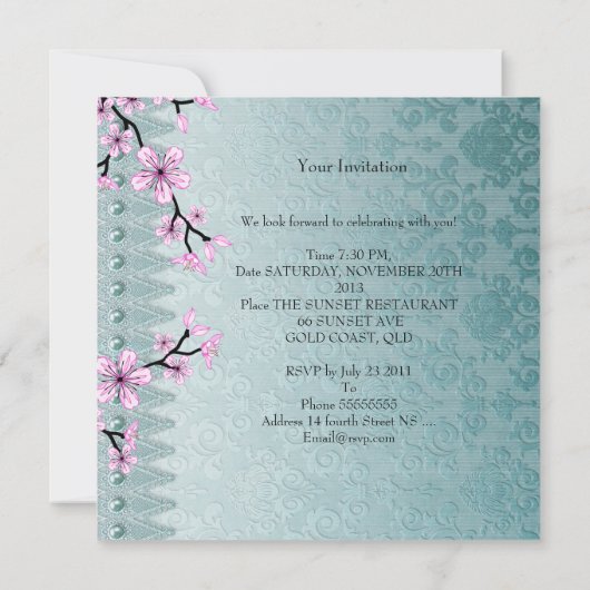 Invitation Damask Turquoise bleu rose Fleur d'Asie Floral (Dos)
