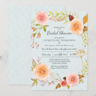 Invitation Damask Typographie Bleu n rose Floral Wreath Bride