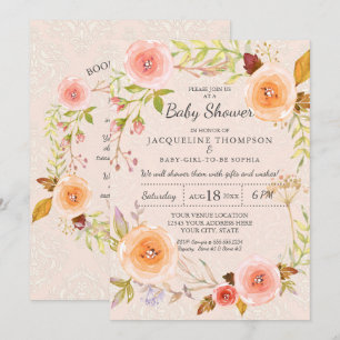Invitation Damask Typographie Blush n Or Aquarelle Florale