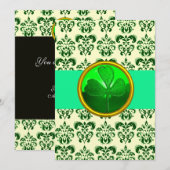Invitation DAMASK VERT BLANC AVEC Argent SHAMROCK (Devant / Derrière)