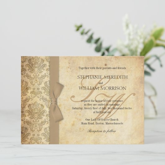 Invitation Damask Vintage boue d'ivoire (Debout devant)