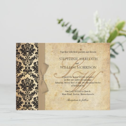 Invitation Damask Vintage boue d'ivoire (Debout devant)