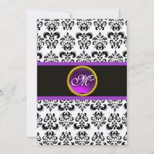 Invitation DAMASK VIOLET AMÉTHYSTE MONOGRAMME,noir et blanc