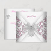 Invitation Damask White Rose Floral Jewel Bow Party (Devant / Derrière)