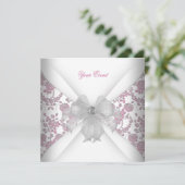 Invitation Damask White Rose Floral Jewel Bow Party (Debout devant)