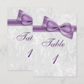 Invitation Damassé blanc et nœud faux violet (Devant / Derrière)