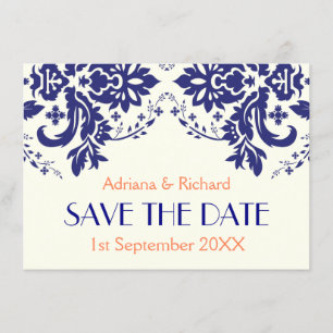 Invitation Damassé bleu marine, mariage corail Enregistrez la