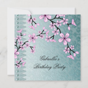 Invitation Damassé Bleu sarcelle Rose Fleur asiatique Floral