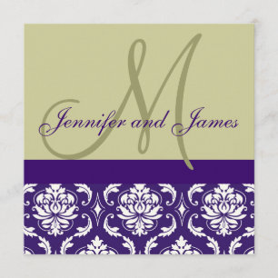 Invitation Damassé de pourpre de Taupe de monogramme de