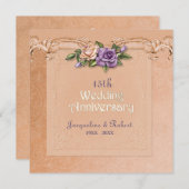 Invitation Damassé et Roses Pêche 15e Anniversaire de Mariage (Devant / Derrière)