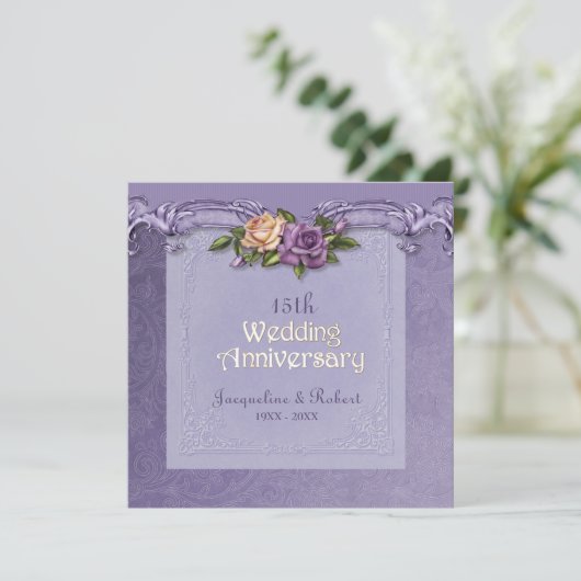 Invitation Damassé et Roses Violet 15e Anniversaire de Mariag (Debout devant)