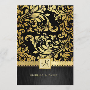 Invitation Damassé florale élégante de noir et d'or