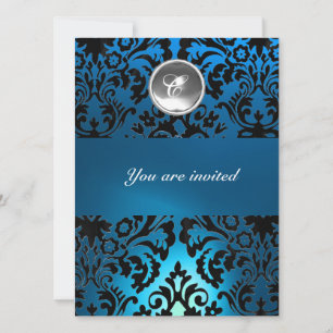 Invitation DAMASSÉ GEMME PIERRE MONOGRAMME NOIR & BLEU blanc
