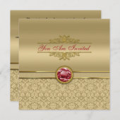 Invitation Damassé métallique d'or de pierre gemme rouge (Devant / Derrière)