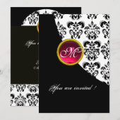 Invitation DAMASSÉ NOIR ET BLANC MONOGRAMME,rouge rubis,fuchs (Devant / Derrière)