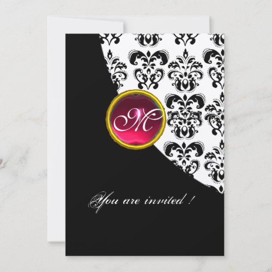 Invitation DAMASSÉ NOIR ET BLANC MONOGRAMME,rouge rubis,fuchs (Devant)