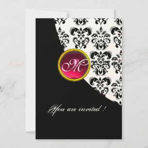 Invitation DAMASSÉ NOIR ET BLANC MONOGRAMME,rouge rubis,fuchs