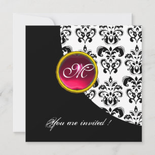 Invitation DAMASSÉ NOIR ET BLANC MONOGRAMME, rubis rouge,