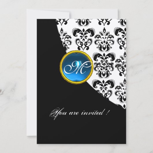Invitation DAMASSÉ NOIR ET BLANC MONOGRAMME, saphir bleu or (Devant)