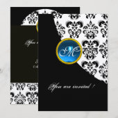Invitation DAMASSÉ NOIR ET BLANC MONOGRAMME, saphir bleu or (Devant / Derrière)