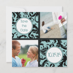 Invitation Damassé noir sur Aqua Wedding Save the Date