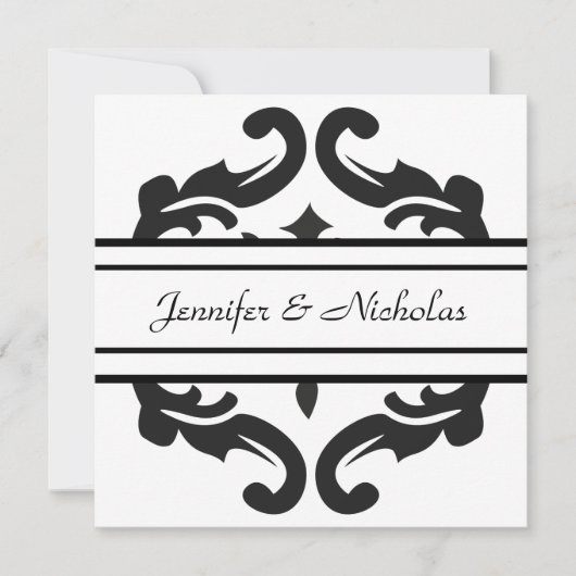 Invitation Damassé noire et blanche de réception de mariage (Devant)
