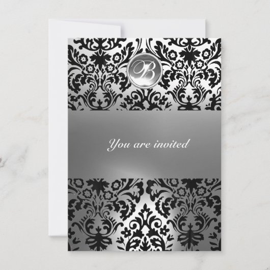 INVITATION DAMASSÉ PIERRE GEMME NOIR ET BLANC MONOGRAMME (Devant)