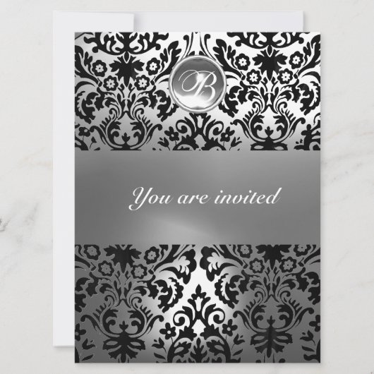 INVITATION DAMASSÉ PIERRE GEMME NOIR ET BLANC MONOGRAMME (Devant)