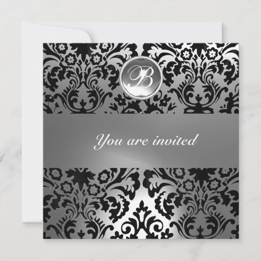 INVITATION DAMASSÉ PIERRE GEMME NOIR ET BLANC MONOGRAMME (Devant)