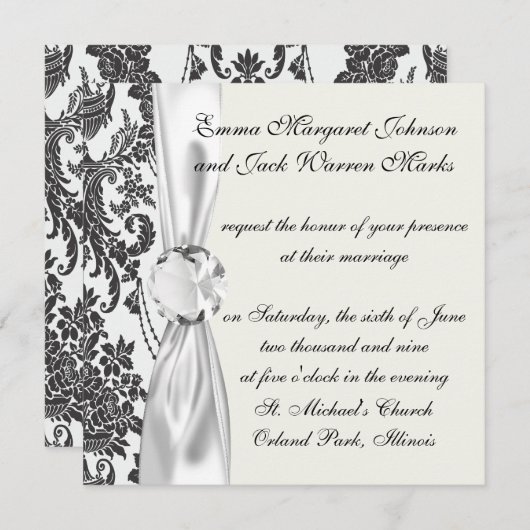 Invitation damassé rose blanc et noir (Devant / Derrière)