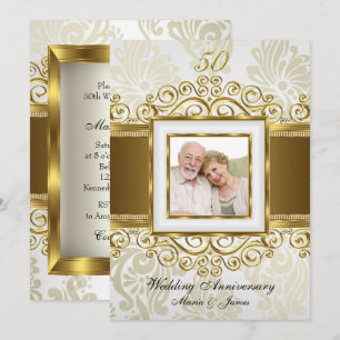 Invitation Damassé Tourbillon Or et Perle Photo 50e Anniversa