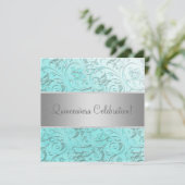 Invitation Damassé turquoise Quinceanera (Debout devant)